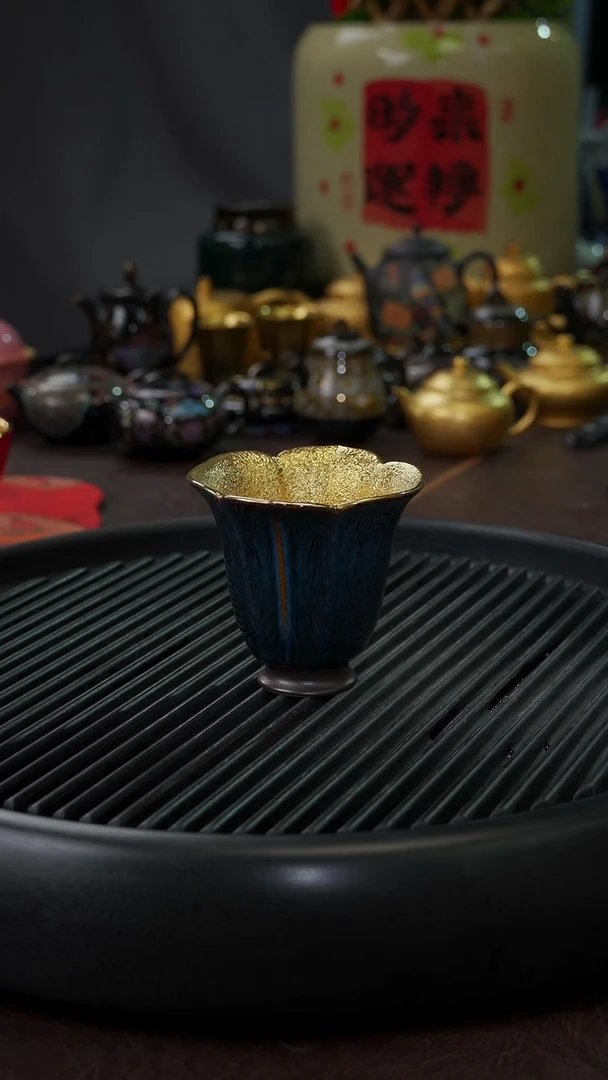 【闪购商品】杯【宜景窑天目釉蓝釉鎏金】百合杯子