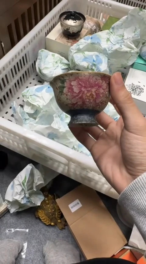 摆件茶具茶具茶具火石红牡丹杯