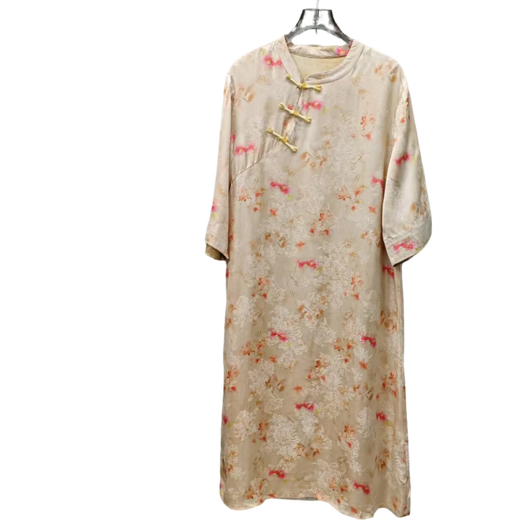 杭云社套头新中式宽松腰春夏秋季连衣裙提花夏季旗袍裙时尚复古