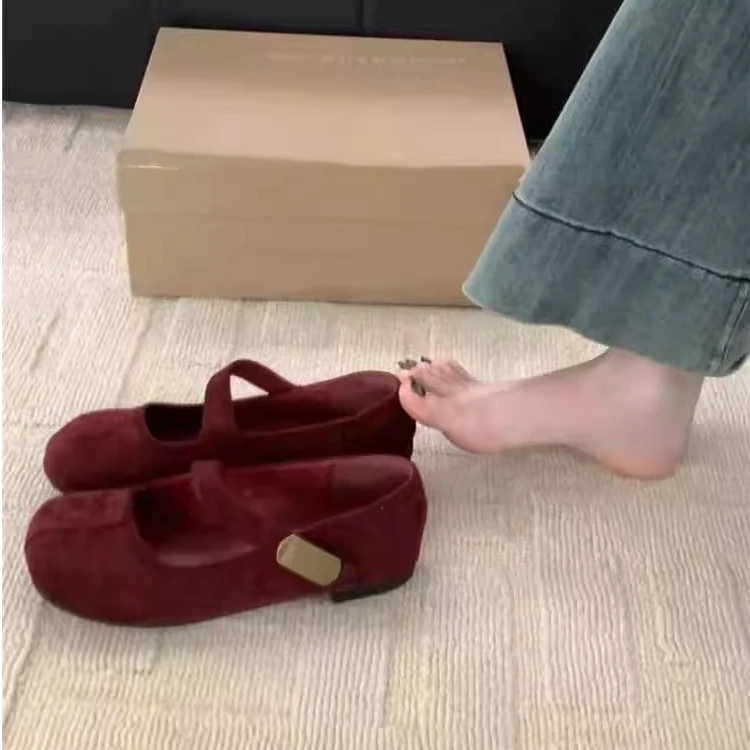 复古小红色绒面方头玛丽珍鞋女2025年新款气质芭蕾风温柔晚晚单鞋