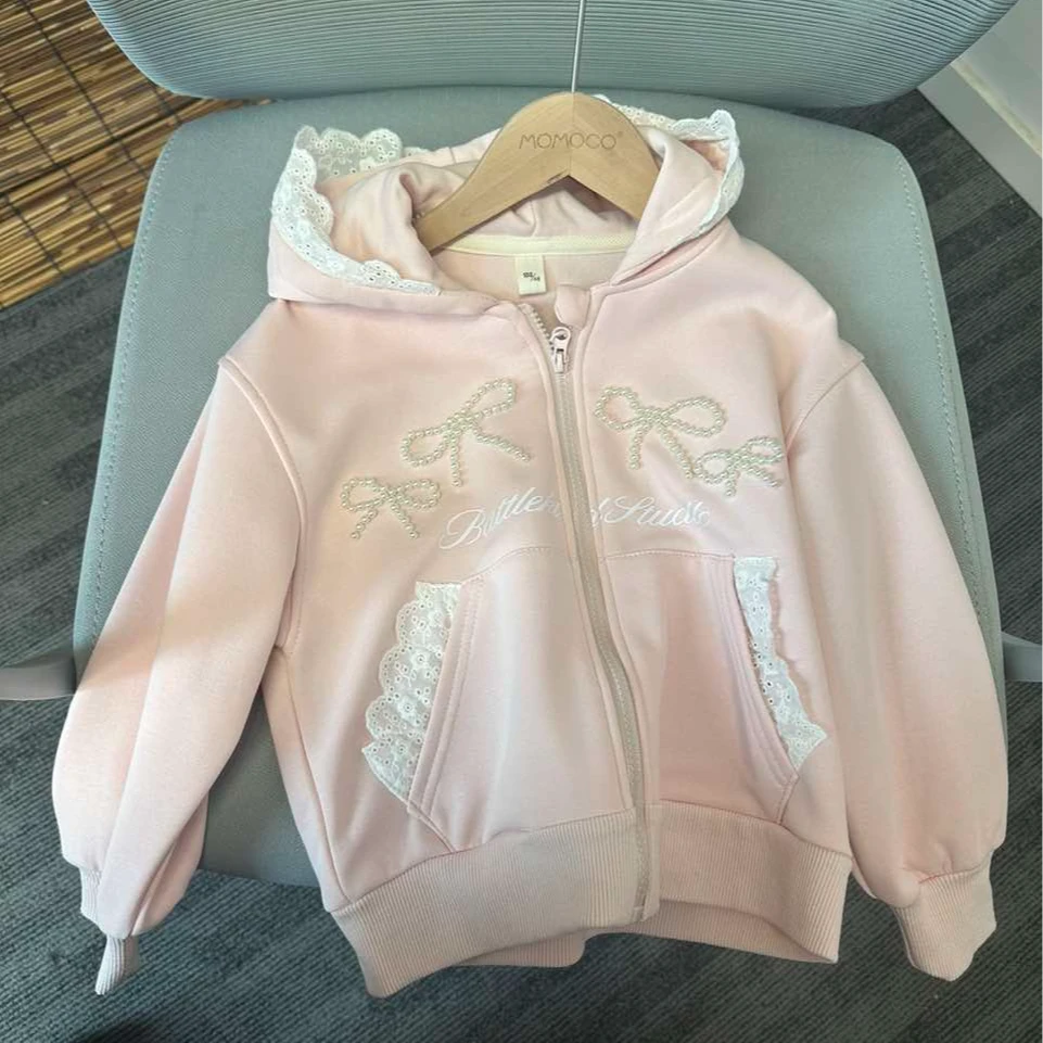 MOMOCO2025春季女宝宝新款蝴蝶结珍珠绣卫衣