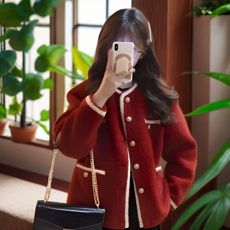 DD小香风红色外套女2024秋冬法式高级感皮毛一体加厚羊羔绒短款女