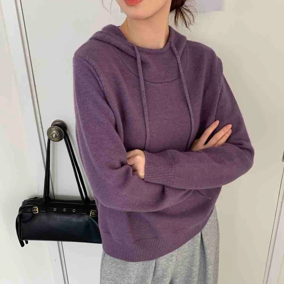 【静姐家】6953秋冬连帽休闲宽松百搭女针织上衣外套