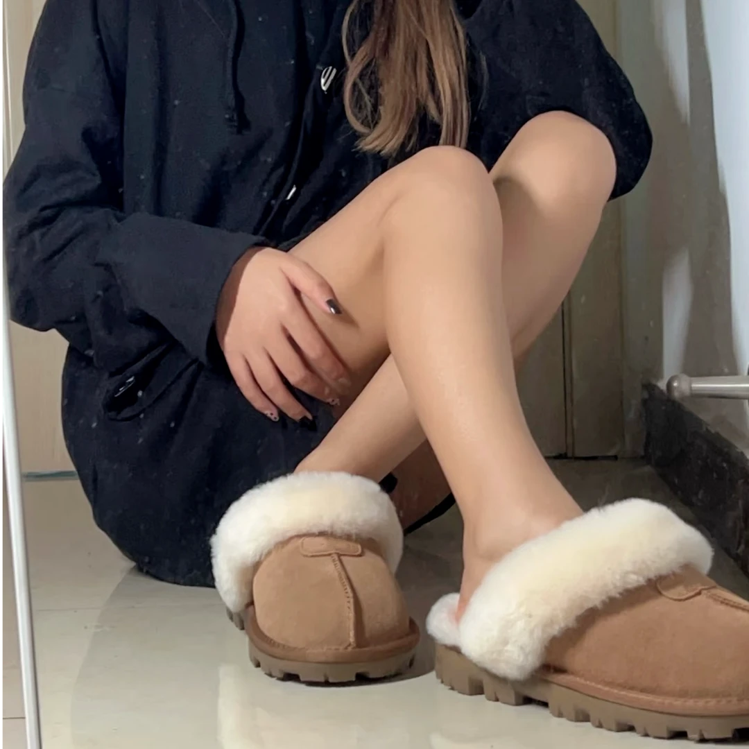 桑坡皮毛一体雪地靴星拖薄底栗色2024新款秋冬加厚雪地靴时尚百搭