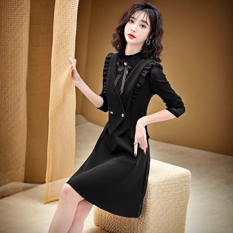 C572#时尚洋气气质假两件连衣裙（中码.90~120斤）