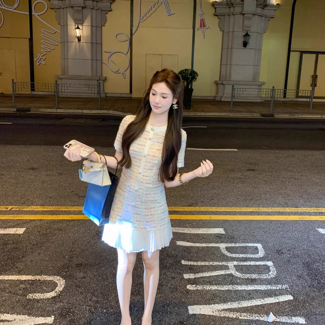 2025夏季小香风低腰连衣裙女新款减龄甜美彩色亮片百褶裙裙子女