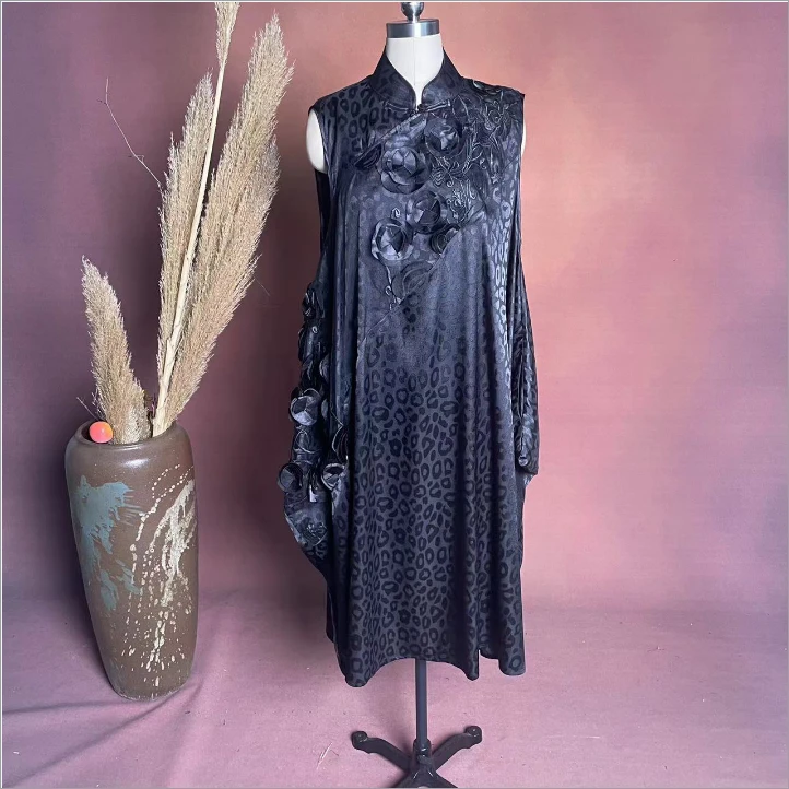 【大海轻奢】L24210-1新款黑色豹纹新中式暗隐刺绣提花设计