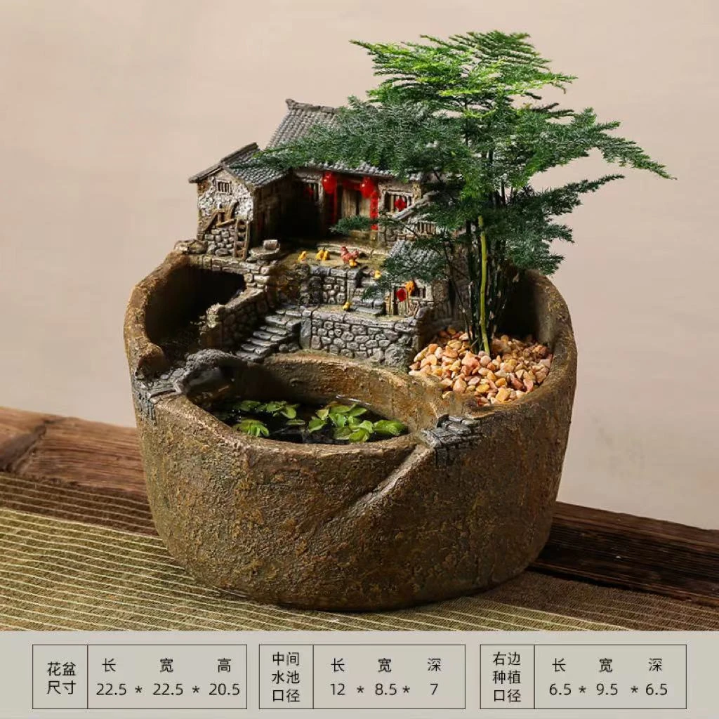 小桥流水治愈系流水微景观造景经典怀旧田园植物盆栽懒人亮灯鱼缸