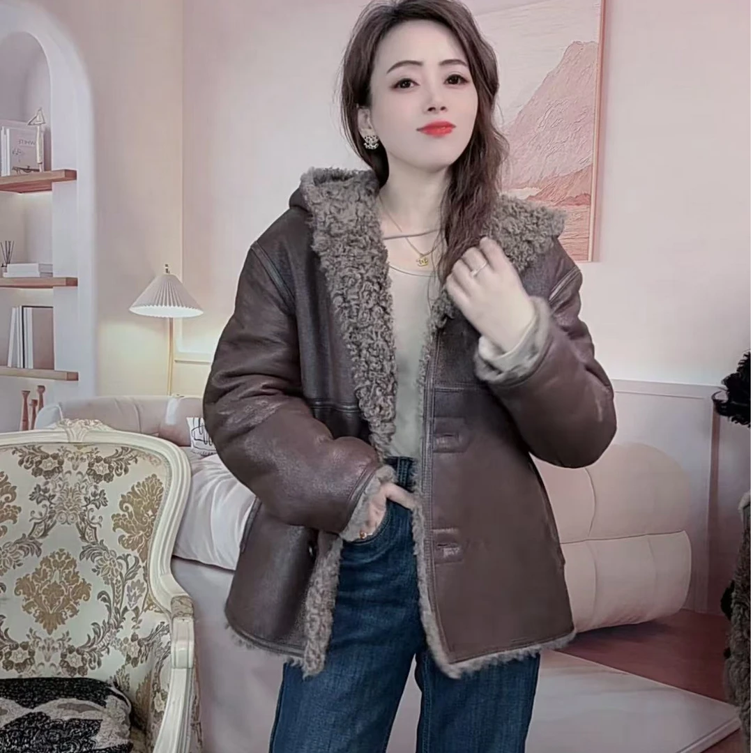 海宁羊皮毛一体羊卷毛复古龟裂高端时尚真皮真毛冬季保暖女厚外套