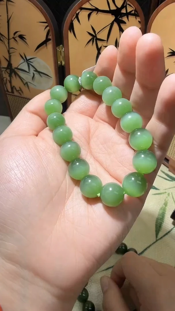未镶嵌手串和田玉俄碧粉青猫眼圆珠手串12mm