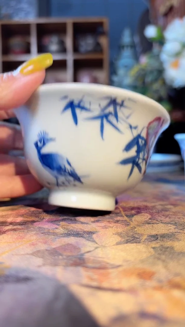 瓷青花手绘釉里红竹林鸟