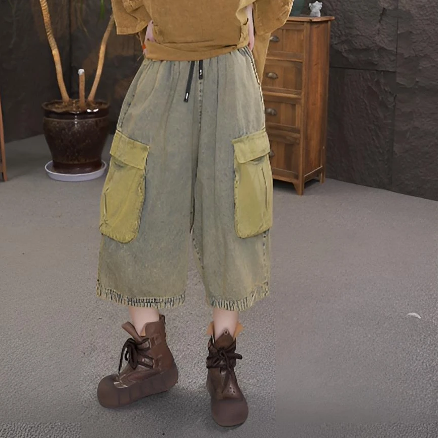 2025夏薄款牛仔裤女宽松水洗做旧显瘦短裤阔腿裤撞色大口袋