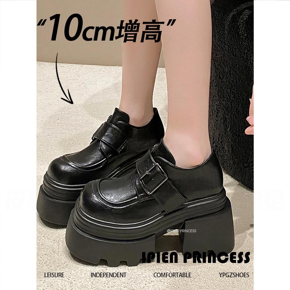 10cm增高乐福鞋女2025春秋新款英伦风加绒小皮鞋小个子厚底松糕鞋