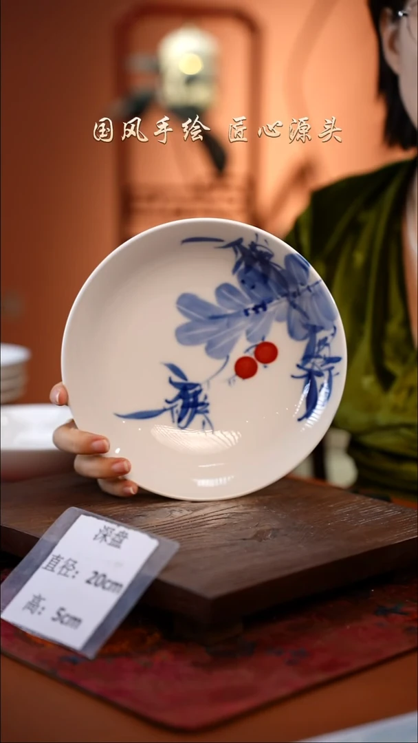 陶瓷景德镇高温釉中彩深盘直径20高5