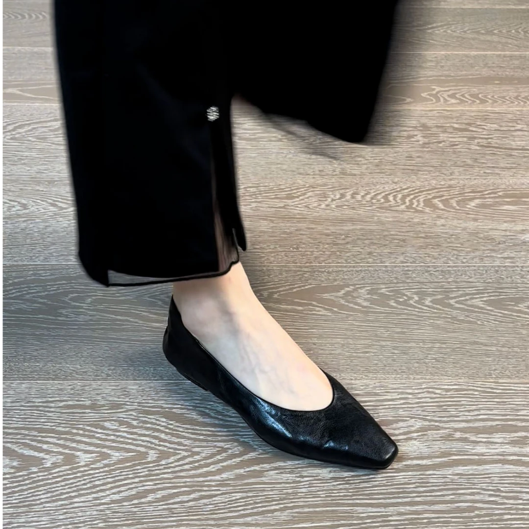 2CM方头法式奶奶鞋一脚蹬单鞋春季软底尖头百搭跟鞋黑色时尚气质