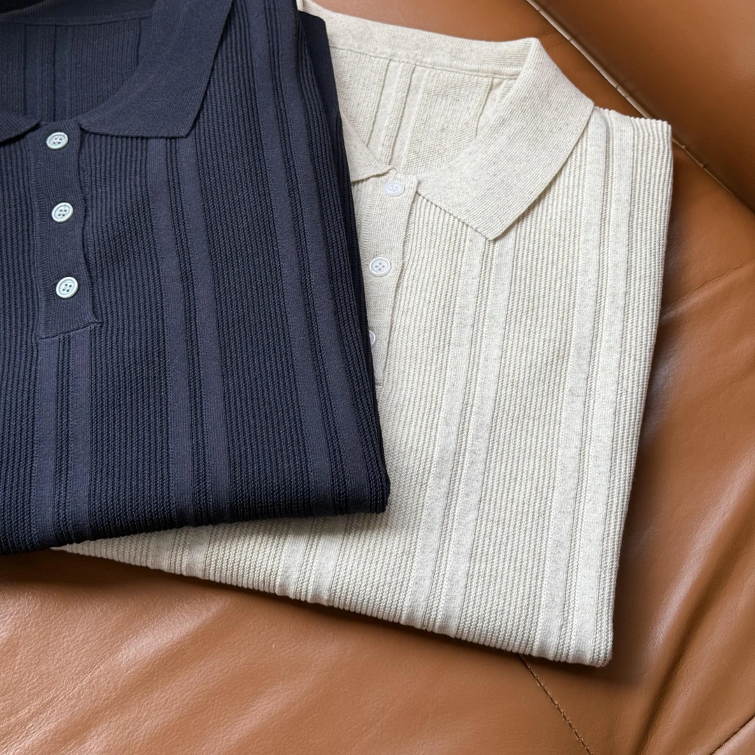 「亚麻天丝提花polo」老钱风亚麻莱赛尔轻熟男士男装针织短袖polo衫