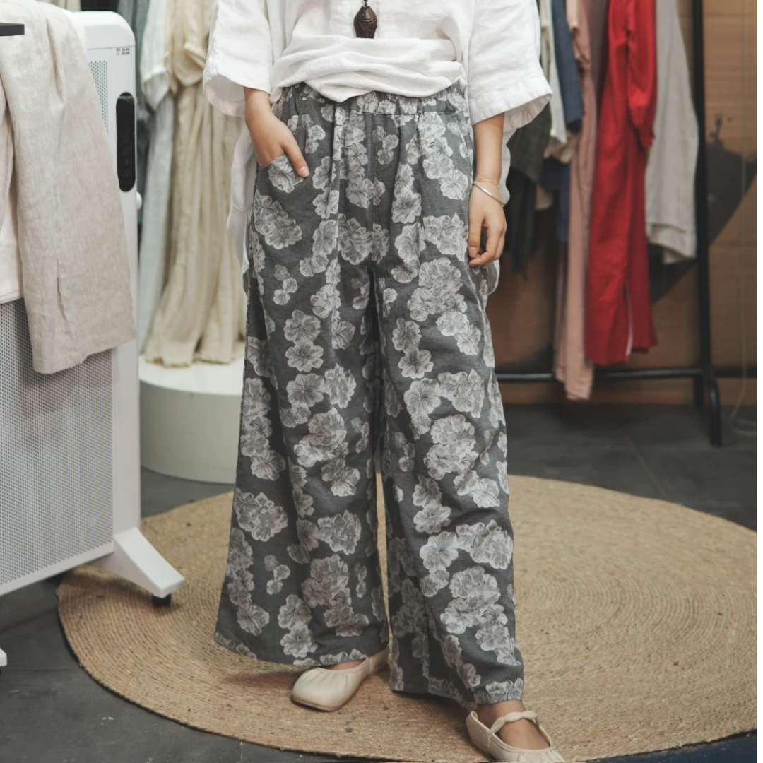 数码印花阔腿裤女长裤松紧腰抽绳阔腿长裤