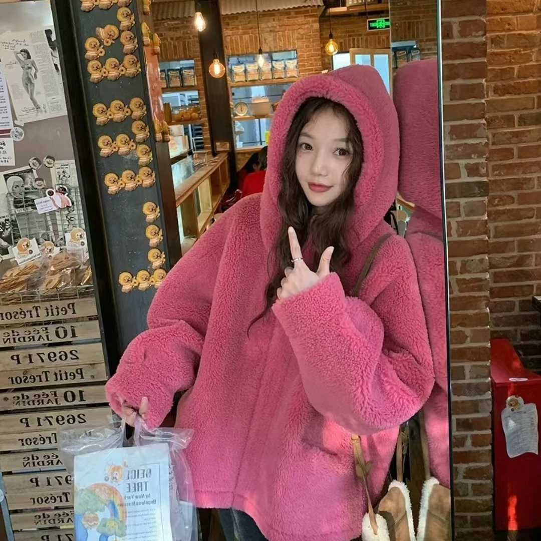 温柔软绵加绒加厚皮毛一体仿羊羔毛外套女秋冬季保暖宽松连帽上衣