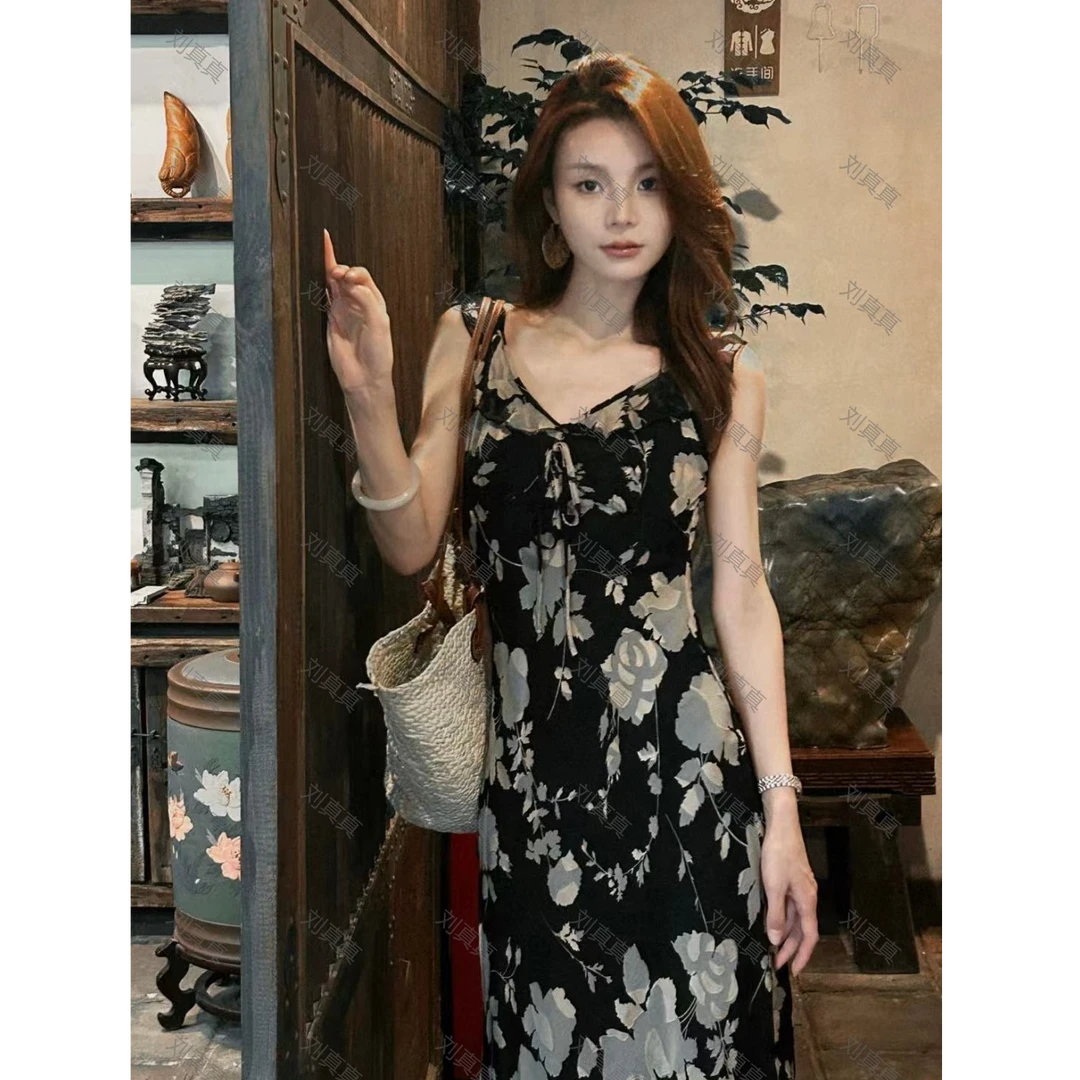 【刘真真如烟如墨】Z326 菲菲法式V领吊带连衣裙旗袍国风礼连衣裙QC