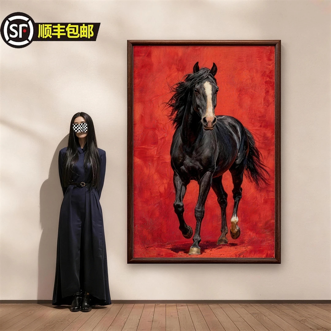 现代简约客厅大气装饰画骏马奔跑壁画红色马酒店玄关过道轻奢挂画