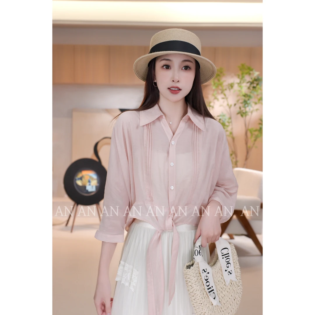 C03282法式优雅温柔风显瘦休闲薄款粉色绑带防晒衬衫
