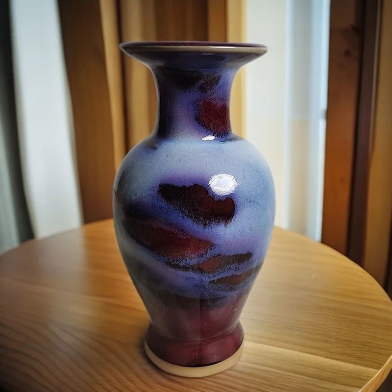 高温窑变自然流釉山水陶瓷观音瓶高22厘米直径11.5厘米