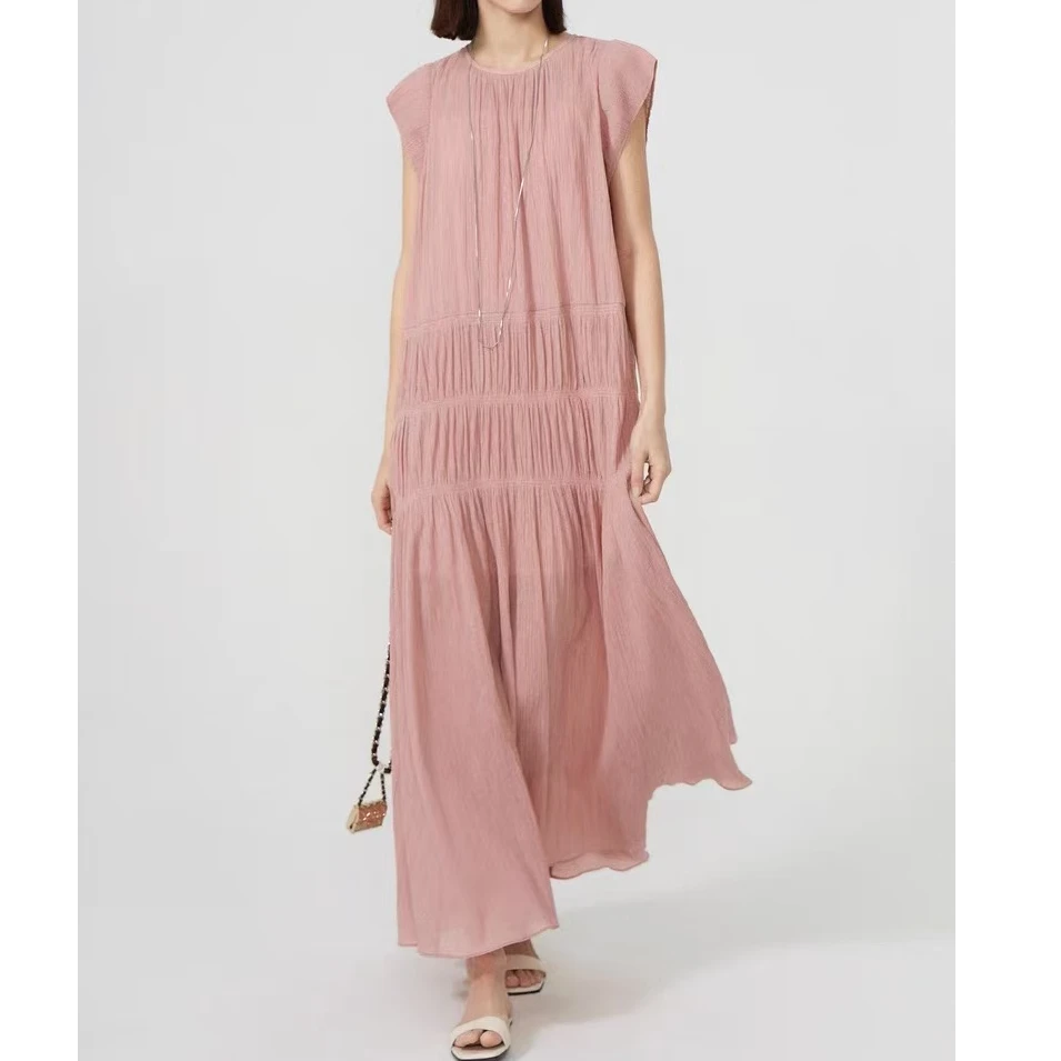 夏季休闲度假风复古风重工树皮褶皱肌理真丝小飞袖连衣裙SS251305