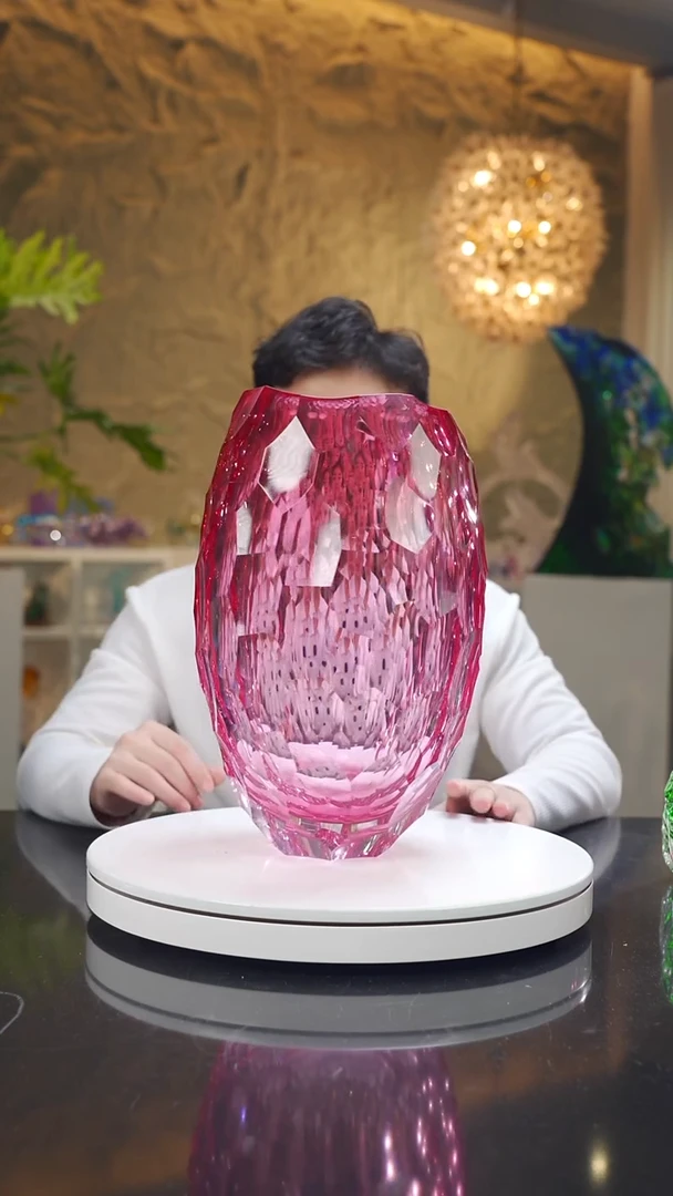 手工艺品琉璃金红色凹面设计款大开口花器