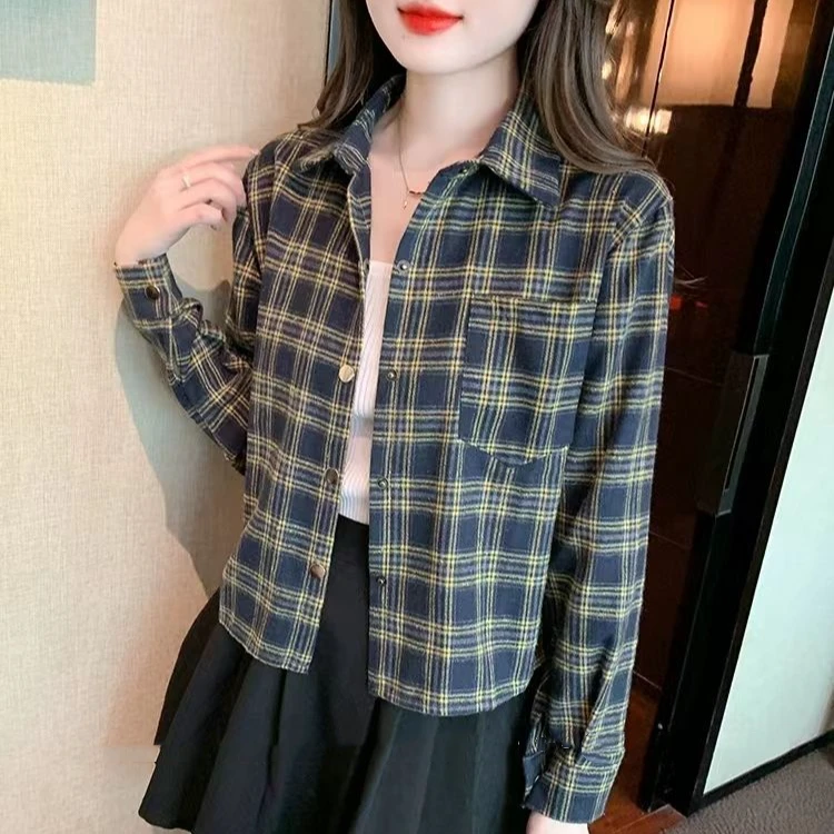 磨毛格子小个子衬衫女款POLO领短款衬衣长袖秋装女款衬衫女款外穿