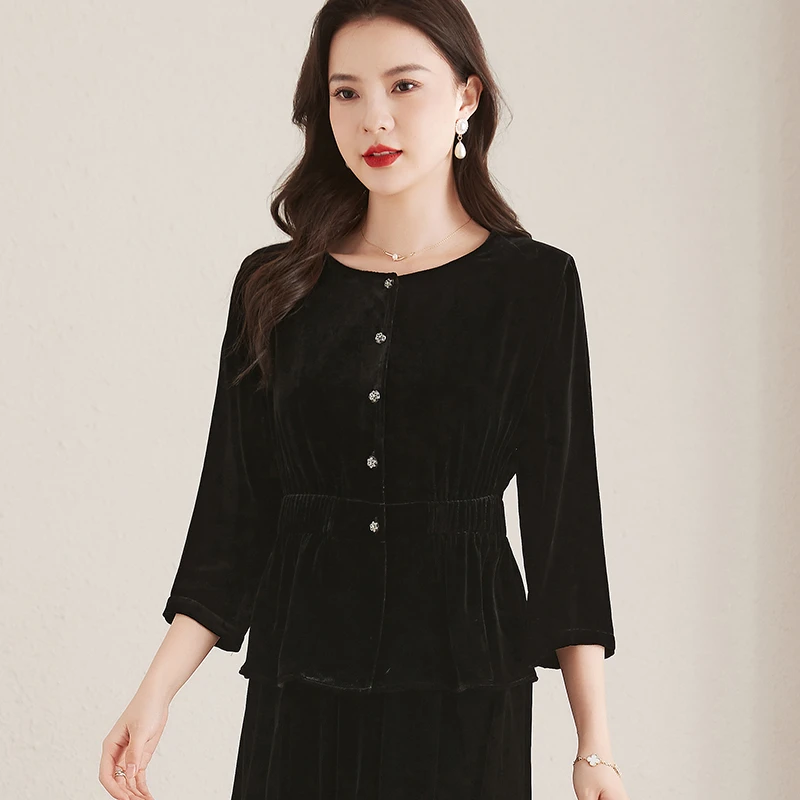 R8685恩纳斯真丝丝绒小衫修身桑蚕丝上衣
