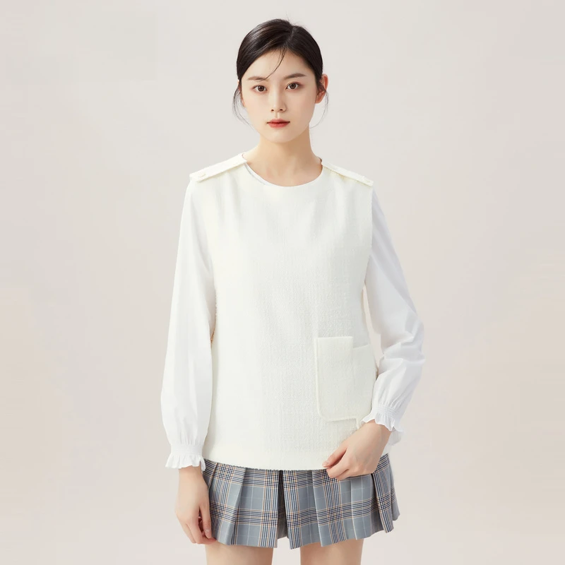 哥弟新款女装宽松套头纽扣设计感造型质感羊毛马甲T恤背心1300860