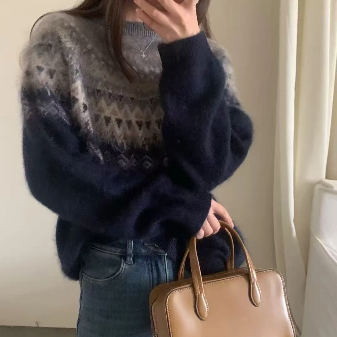 藏蓝色费尔岛提花全羊毛拉毛女冬季慵懒高级感圆领套头上衣旺