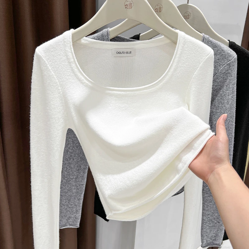 欧货锁骨U领长袖T恤女爆款新款洋气修身内搭打底衫短款紧身上衣