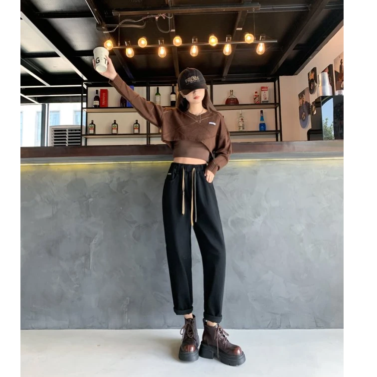 哈伦牛仔裤秋季运动百搭高腰休闲裤小个子显瘦大胖小胖子都能穿