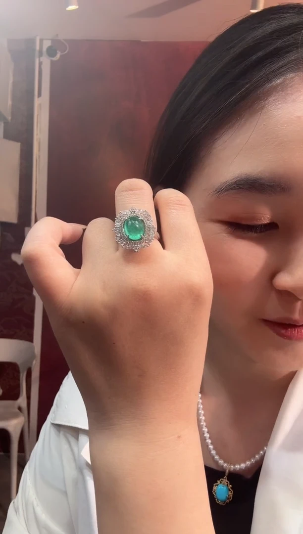 祖母绿戒指银S925镶嵌戒指