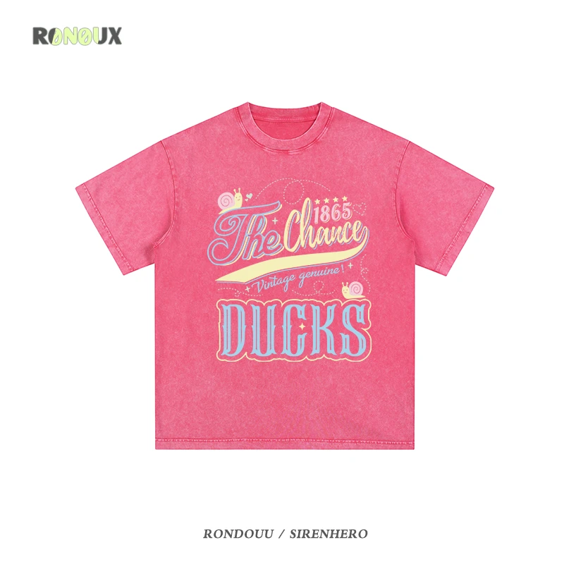 RONOUX美式复古oversize重磅纯棉水洗做旧短袖t恤女潮牌宽松上衣