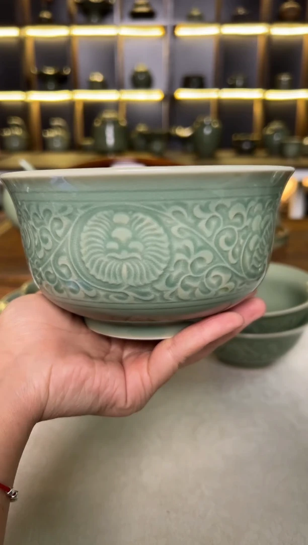 瓷片耀州窑青釉6寸缠枝菊纹碗正品1只