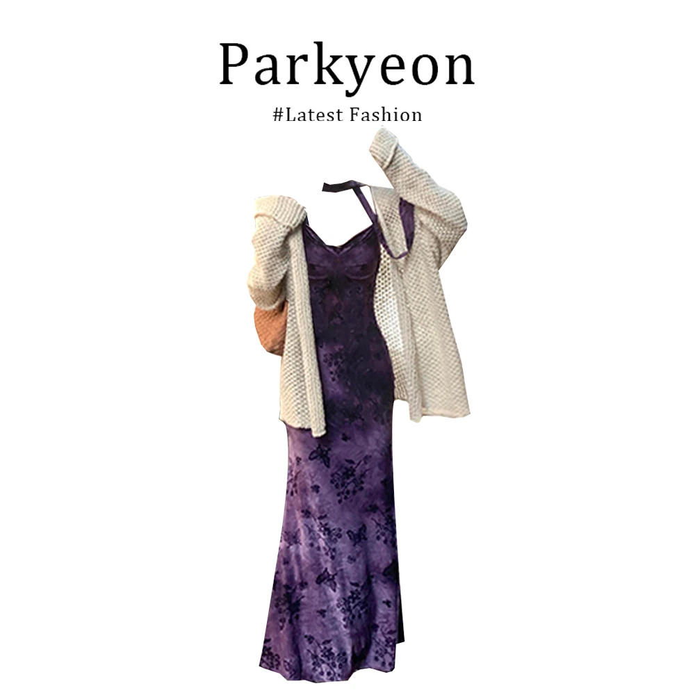 parkyeon新中式国风镂空长袖针织开衫女秋季碎花吊带连衣裙套装