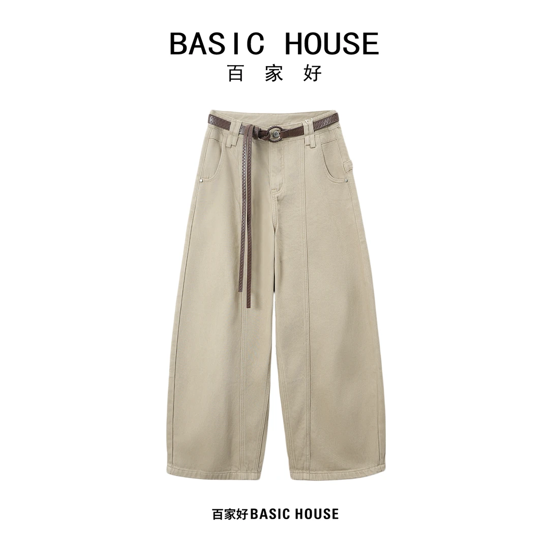 Basic House/百家好宽松加厚弯刀裤女2025秋冬阔腿休闲裤S552 YY