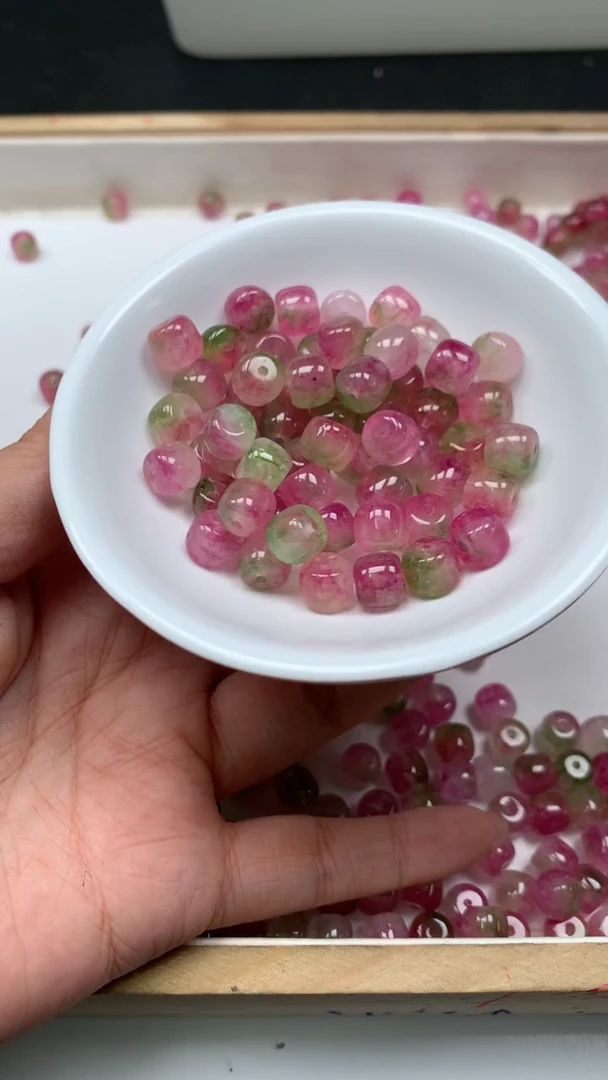 未镶嵌散珠碧玺D264 西瓜碧玺老型珠7*8mm10颗5元