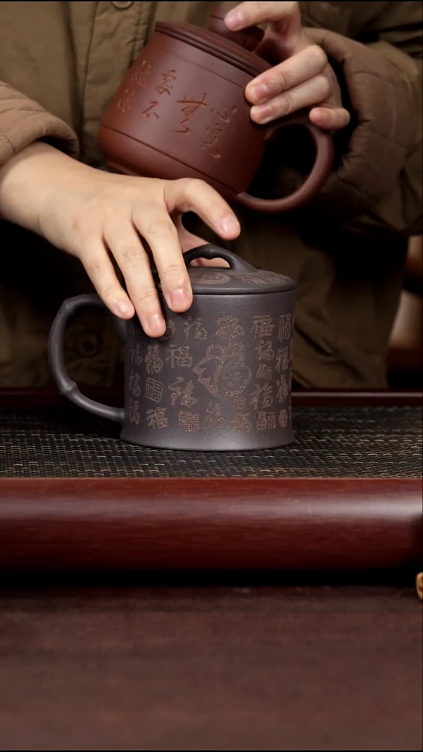 茶杯紫砂尾单天青紫泥竹节百福杯无礼盒