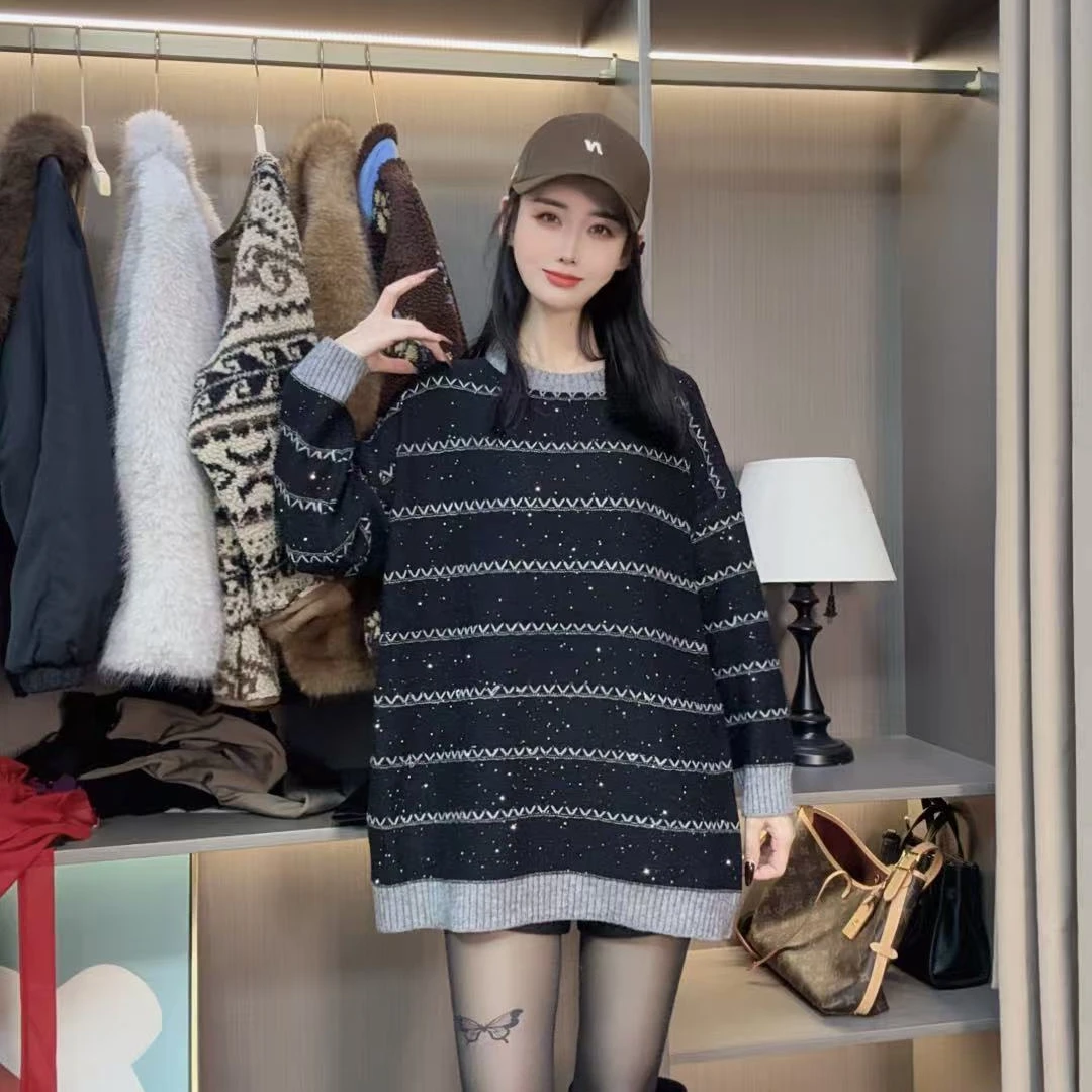 针织条纹女厚款冬季立领毛针织衫韩版黑白网红