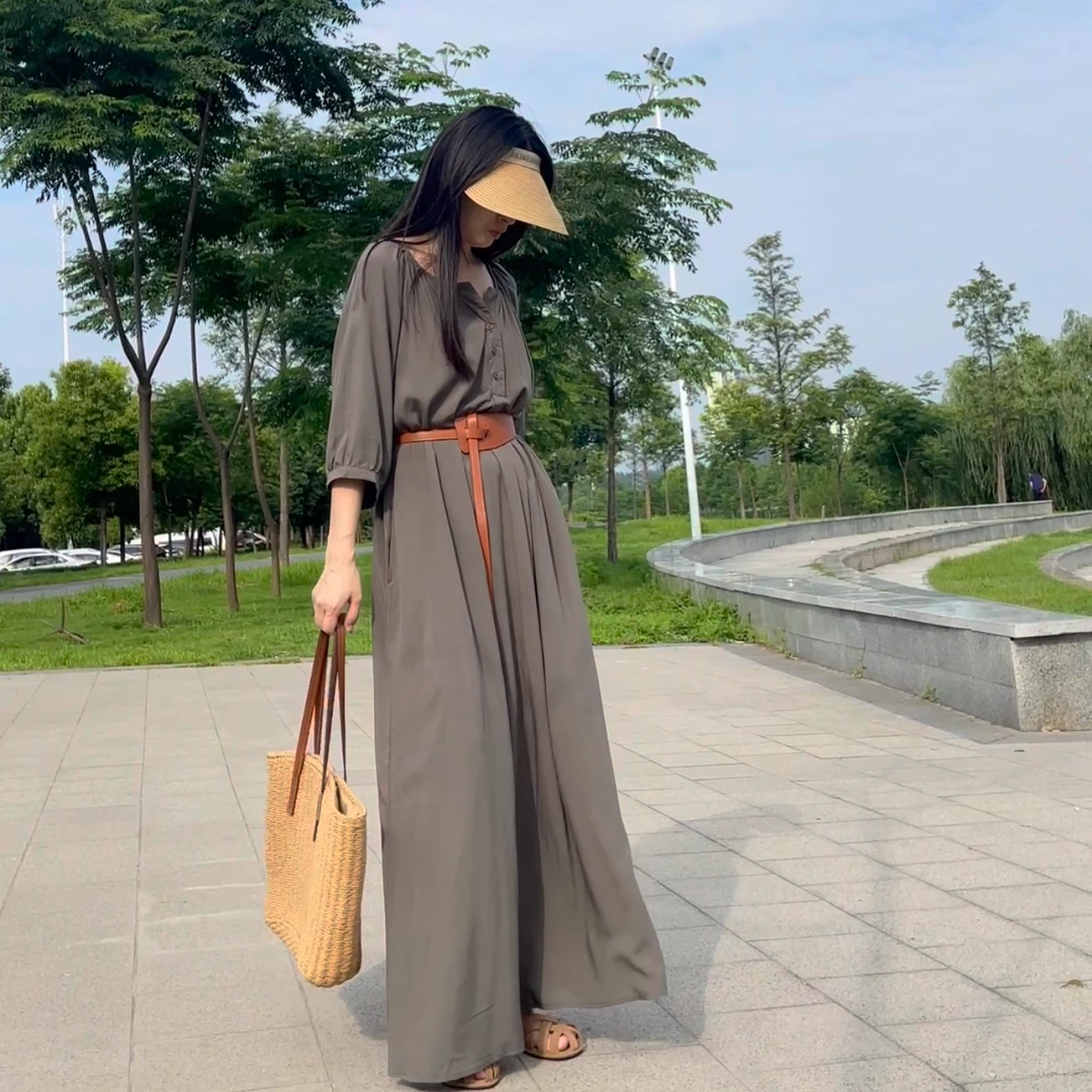 9937#棉绸连衣裙长裙开扣款配腰带双口袋气质显瘦夏季慵懒通勤