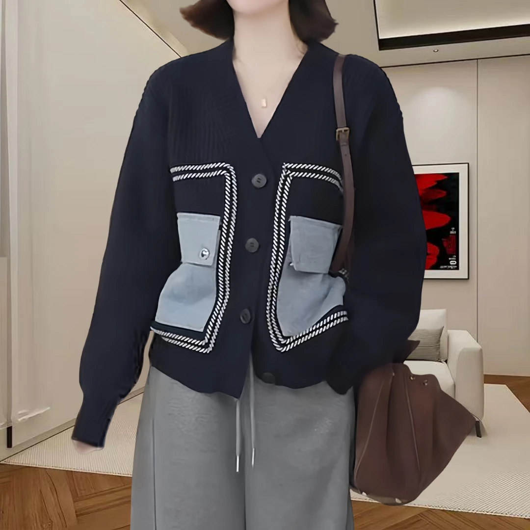 复古针织小开衫女士2025秋冬新款设计感口袋拼接时尚百搭休闲上衣