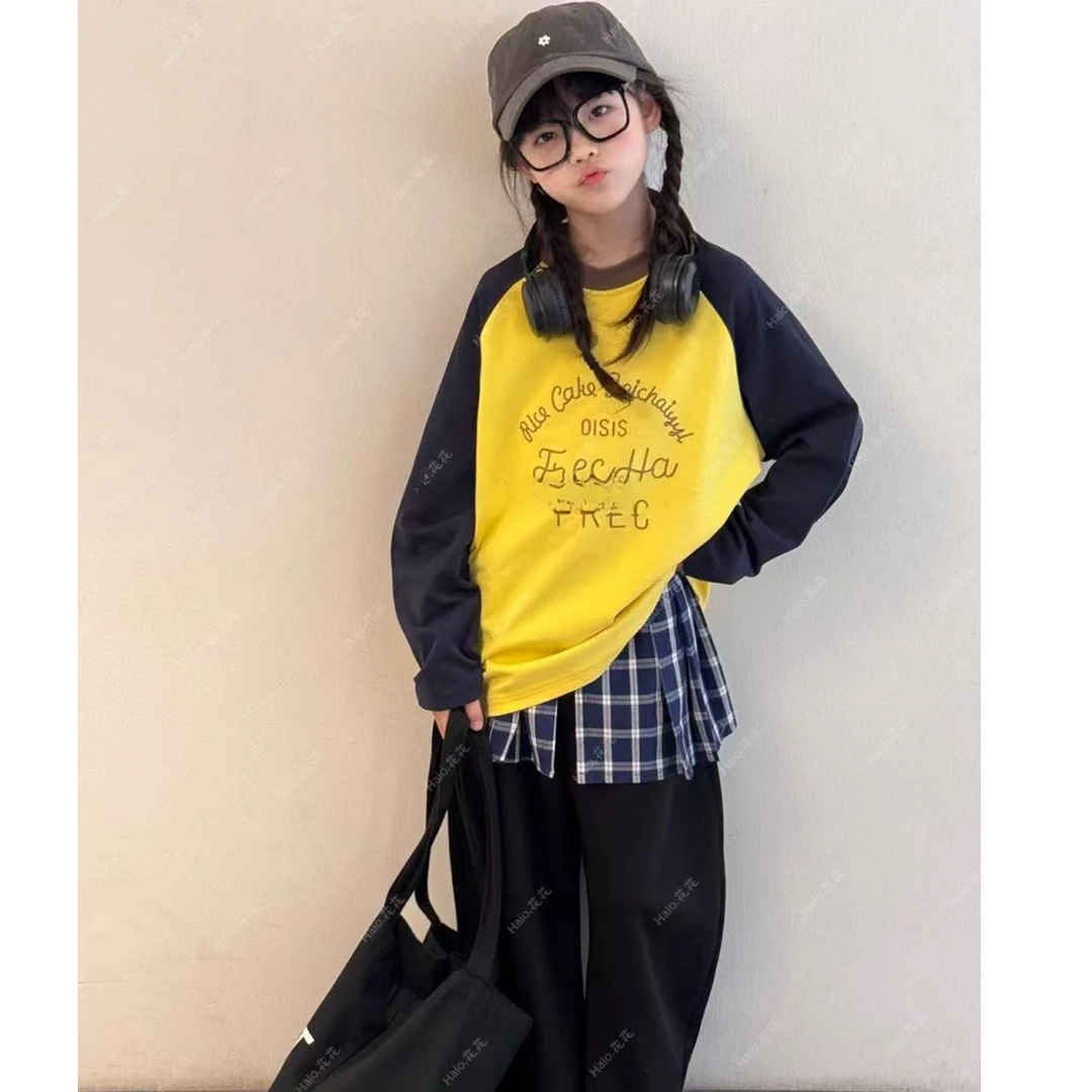 【豪宝贝】2025春款花体字母插肩袖拼接长袖T恤5060