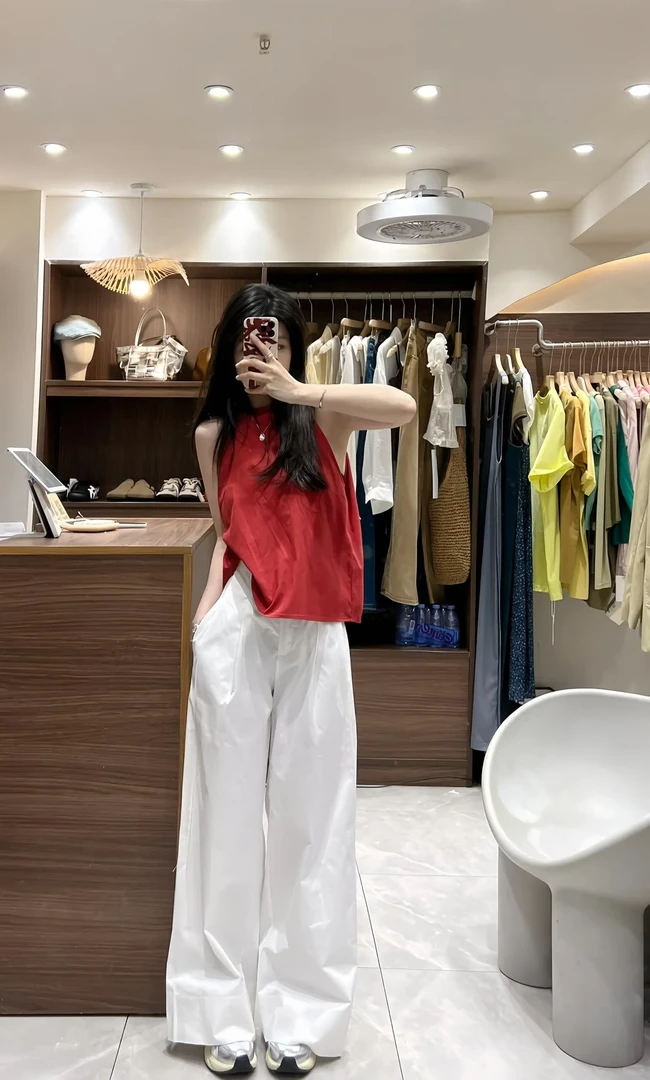 茶系穿搭一整套女夏季新款小个子红色无袖上衣休闲阔腿裤两件套装