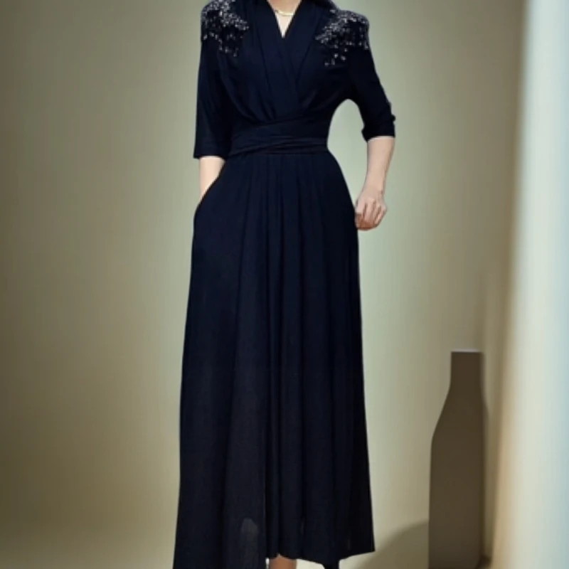 V领轻奢气质修身收腰显瘦长款重工钉珠夏季大摆连衣裙