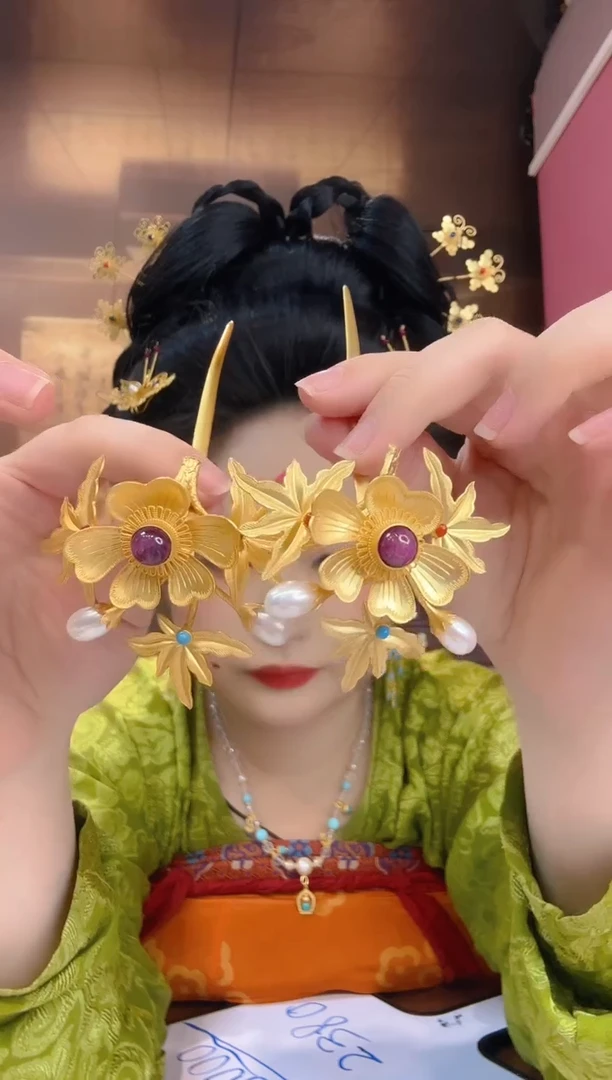 无925银纯银镀金 红也牡丹发簪/件