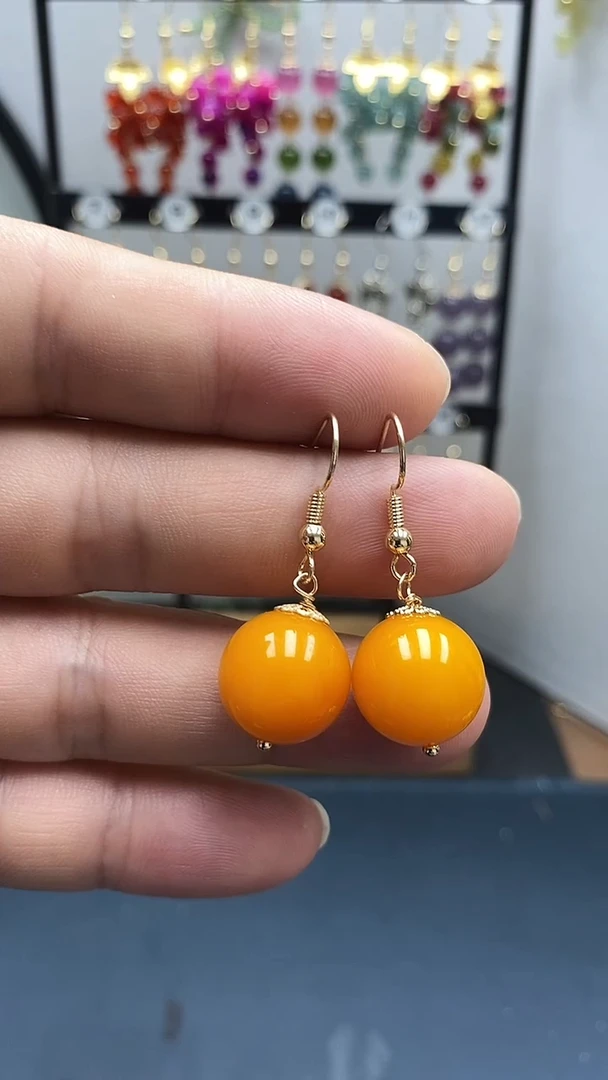 银S925镀金镶嵌蜜蜡耳饰尺寸14mmC3