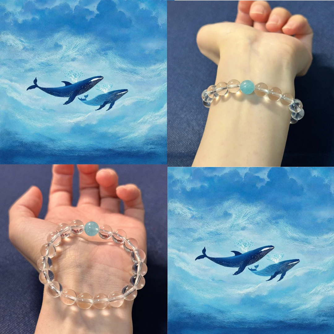 【鲸鱼先生】赵露思同款天然全净体白水晶海蓝宝手串